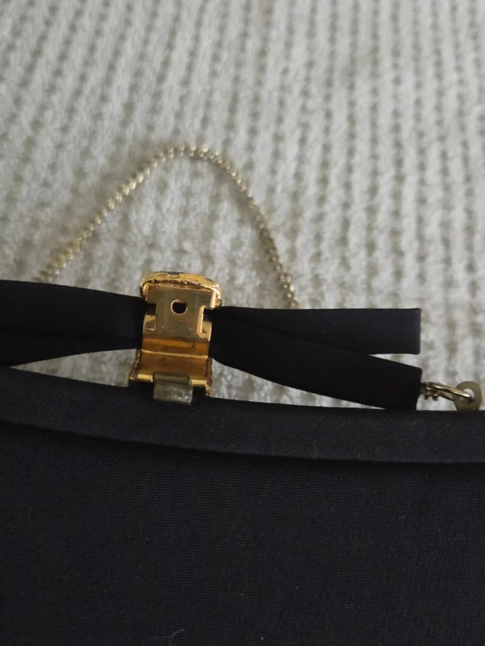 Vintage Black Satin Evening Bag Formal Gold Tone Clasp with Bow Hidden Chain
